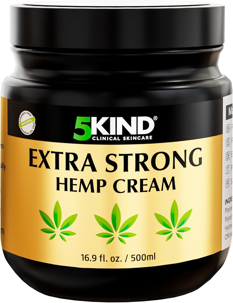 5kind Extra Sterke Hemp Cream 16,9 fl oz- Maximale sterkte - Natuurlijke verzachtende verlichting - Spier Rub voor onderrug, gewrichten, nek, knieën & schouders - Maximale sterkte Hemp Cream