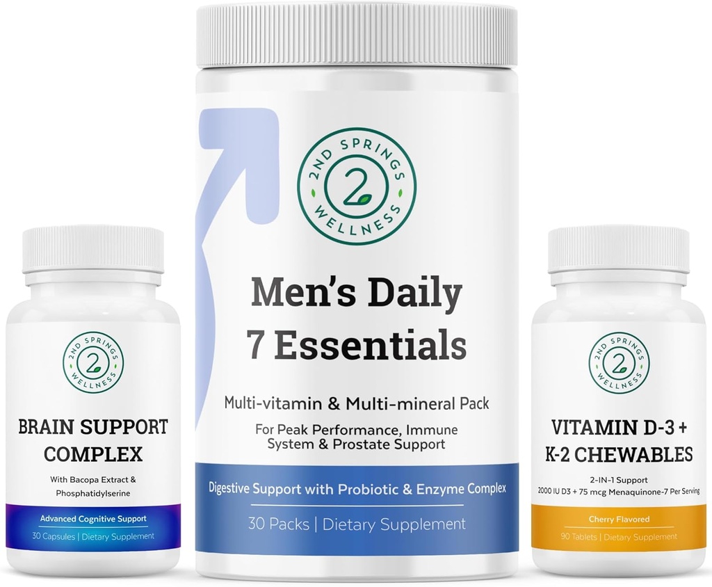 Heren gezondheid vitaliteit bundel: Hersenondersteuning Complex, Mannen Dagelijkse 7 Essentials, en Vitamine D3 + K2