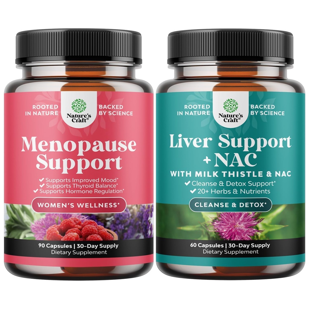 Bundel van Menopauze Supplement voor vrouwen met Dong Quai, Vitex Chaste Berry & Black Cohosh en lever ondersteuning NAC supplement met melk distel, Artichoke, Choline & Beetwortel voor Detox & Reparatie