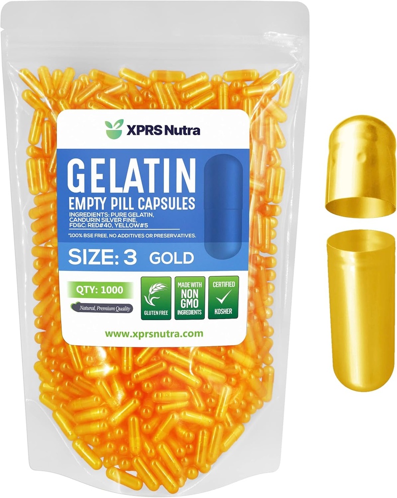 XPRS Nutra Size 3 Empty Capsules - 1000 Count Empty Gelatin Capsules - Pills DIY Capsule Filling - Fillable Pure Bovine Pill Gel Caps for Do-It-Yourself Supplements (Gold)