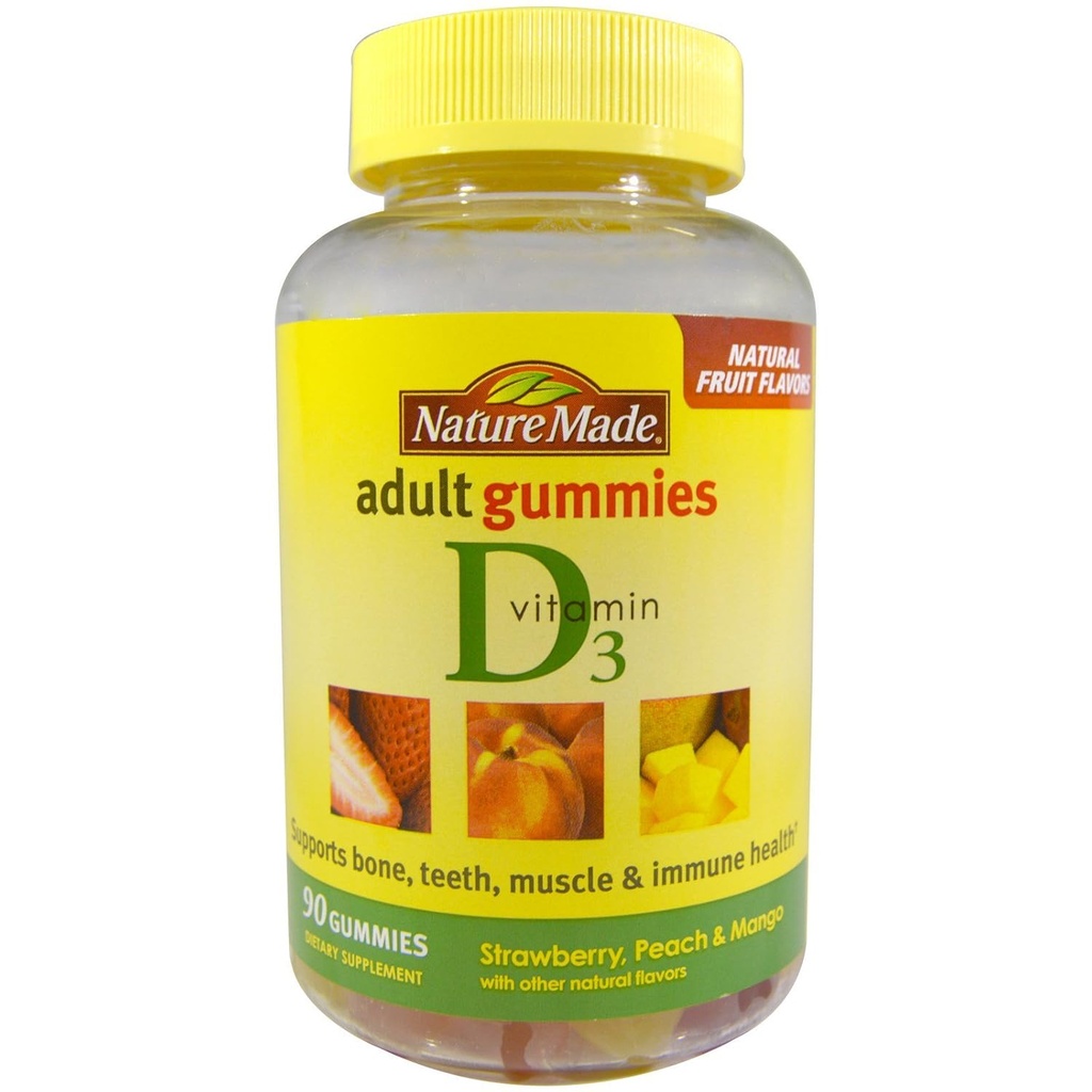 Nature Made Vitamine D 3 Adult Gummies Aardbei - Peach & Mango, 90 Gummies, 3 Tellen