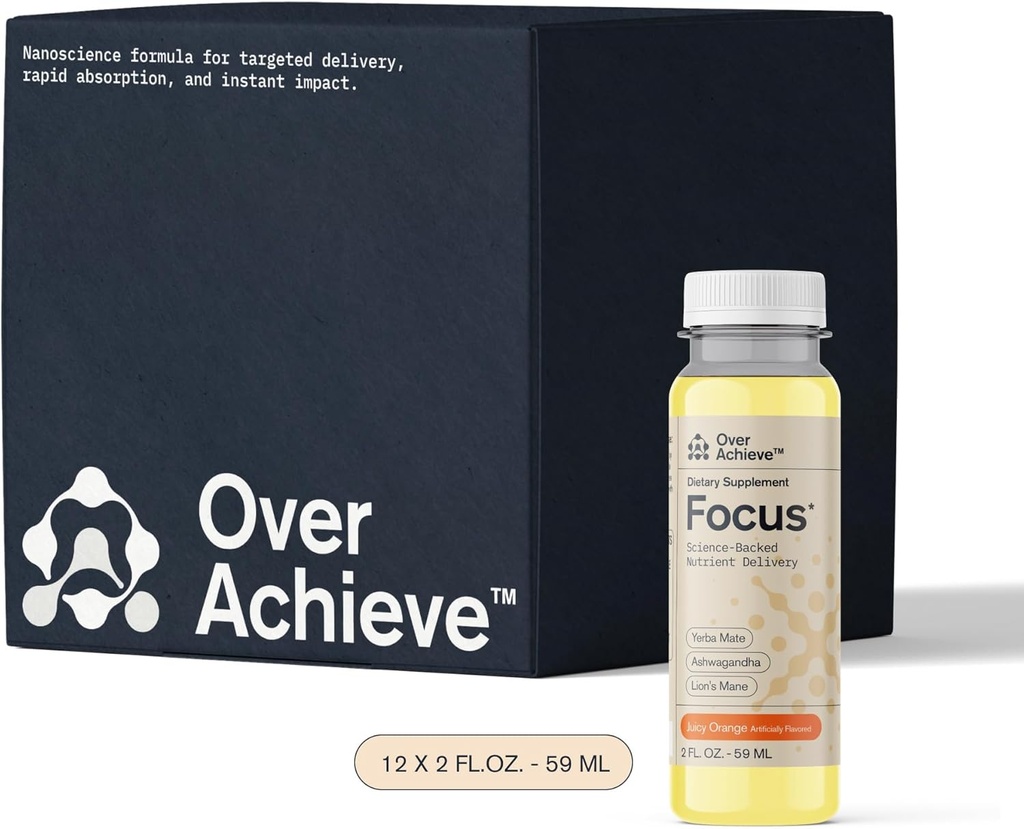 Focus Drink voor Concentratie- Bevat Yerba Mate, Ashwagandha en Lions Mane Mushroom met geavanceerde Nanoscience Technologie - 12 Pack Brain Focus Drink, Orange Flavor, 2oz