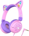 iClever Kids Headphones Kattenoor, LED Light Up, 85dBA Safe Volume, Stereo Sound Peuter Hoofdtelefoons voor Travel School, Opvouwbare 3.5mm Wired Kids Headphone voor iPad Tablets, Meow Lollipop - Pink