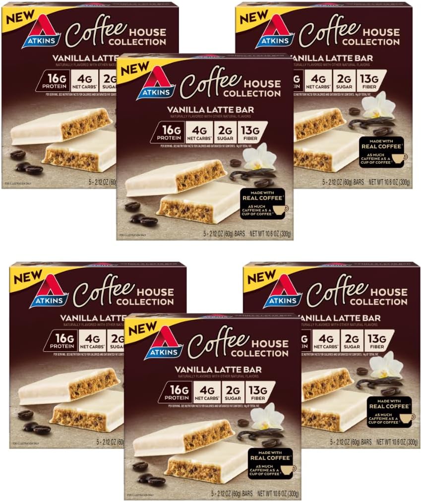 Atkins Coffee House Meal Bar, Vanilla Latte, 16g Proteïne, 4g Net Carbs, 2g Suiker, 13g Vezel, Gemaakt met echte koffie, 5 Tellen (Pack van 6)
