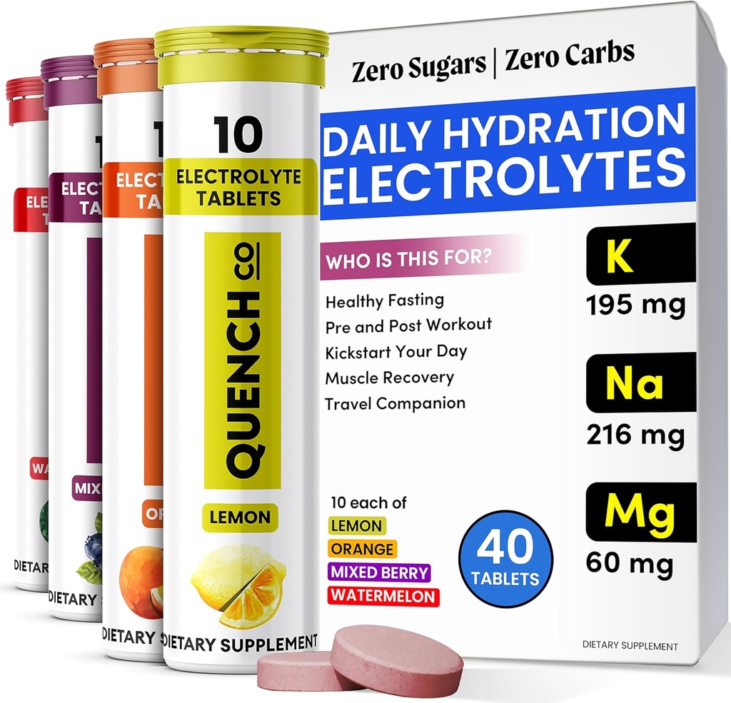 Quench Electrolyte Tablets 40 Telt Instant Hydration, Elektrolyten, Vasten Elektrolyten Geen suiker voor optimale hydratatie ondersteuning niet Powder - Watermeloen, Oranje, Gemengde Bessen, citroensmaken