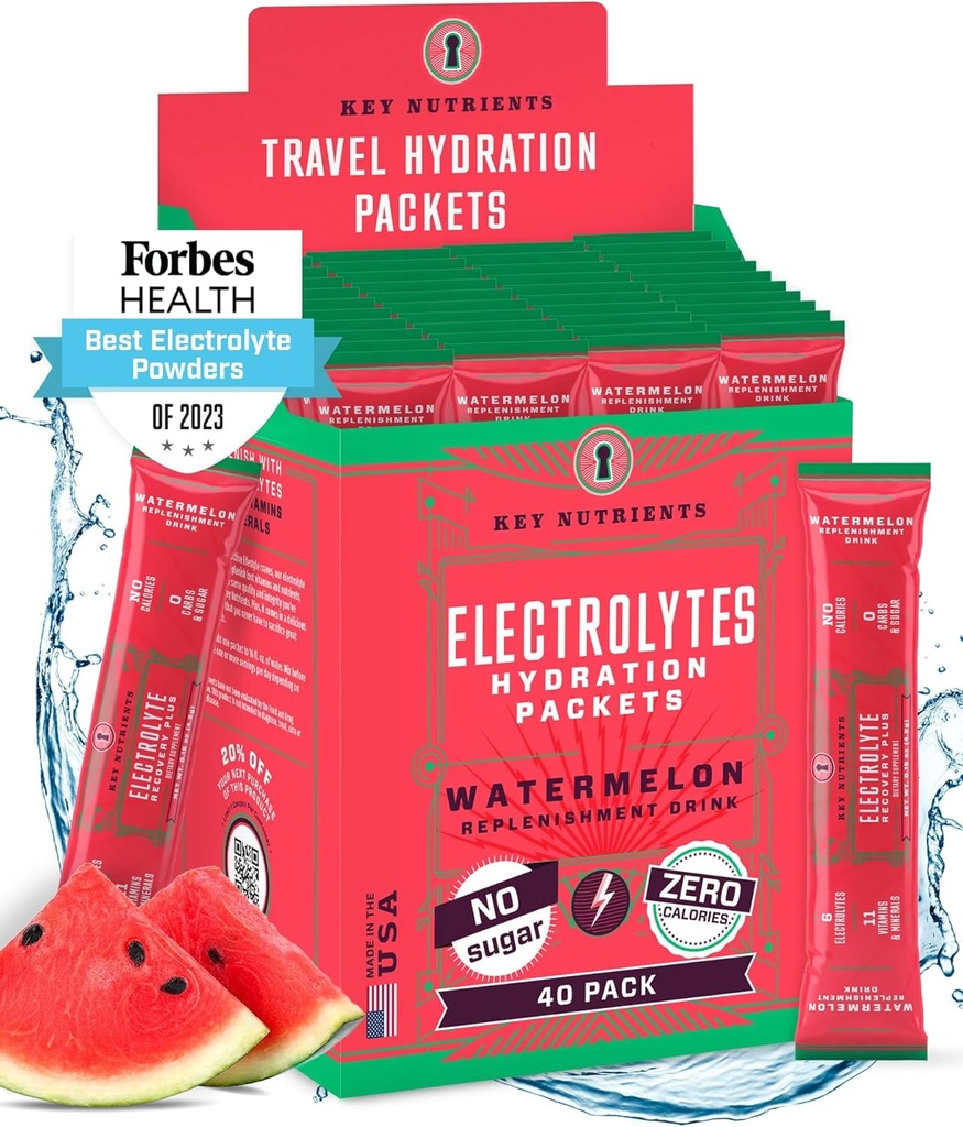 KEY NUTRIENTS Electrolytes Powder Packets - Refreshing Watermelon 40 Pack Hydration Packets - Travel Hydration Powder - Made in USA - No Sugar, No Calories, Gluten Free