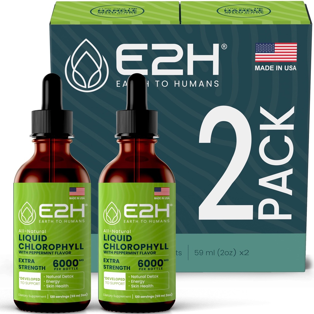 E2H Chlorofyl Liquid Drops - Natural Energy Booster, Immuun systeem ondersteuning en interne deodorant - Pepermunt smaak - (2 flessen)