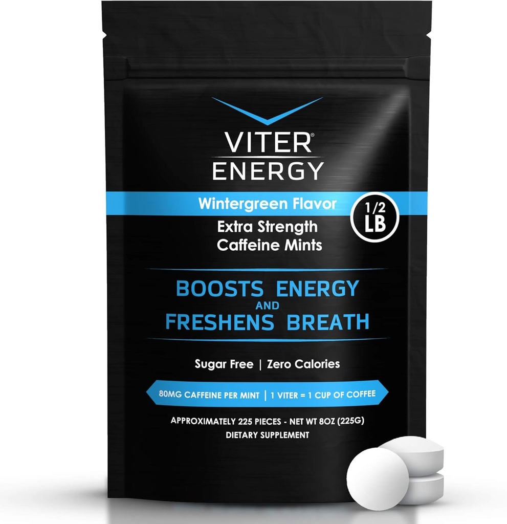 Viter Energie Extra sterkte Cafeïnated Mints 80mg Cafeïne, B Vitaminen, Suikervrij. (Wintergroen, 8oz, Bulk Bag)