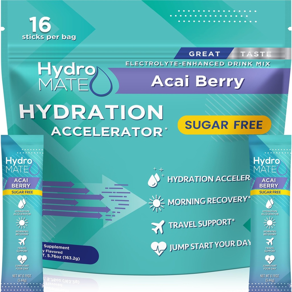 Elektrolytpoeder Suikervrije Hydration Packets Acai Berry HydroMATE 16 Sticks