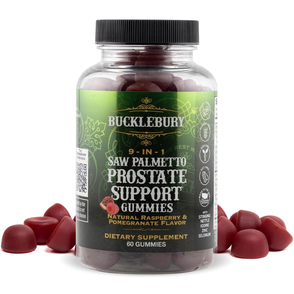 BUCKLEBURY 9-in-1 Natural Saw Palmetto Gummies met Raspberry & granaatappel smaak - Plant-Based Prostaat Ondersteuning Supplementen voor de gezondheid van de mens Blader, haargroei & urine-ondersteuning - 60 Gummies