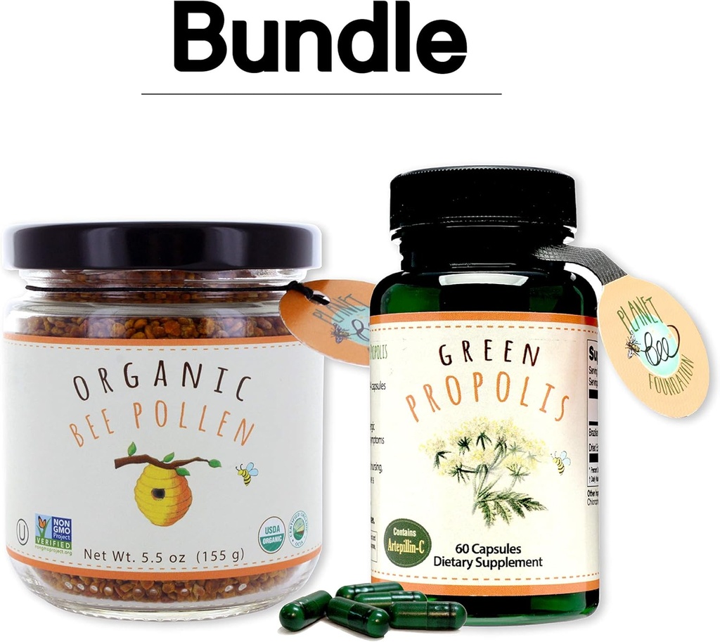 Greenbow Organic Bee Pollen - 100% USDA Certified Organic, Pure, Natural Bee Pollen - Superfood Verpakt met eiwitten, vitaminen en mineralen- 155g Green Propolis 60 caps