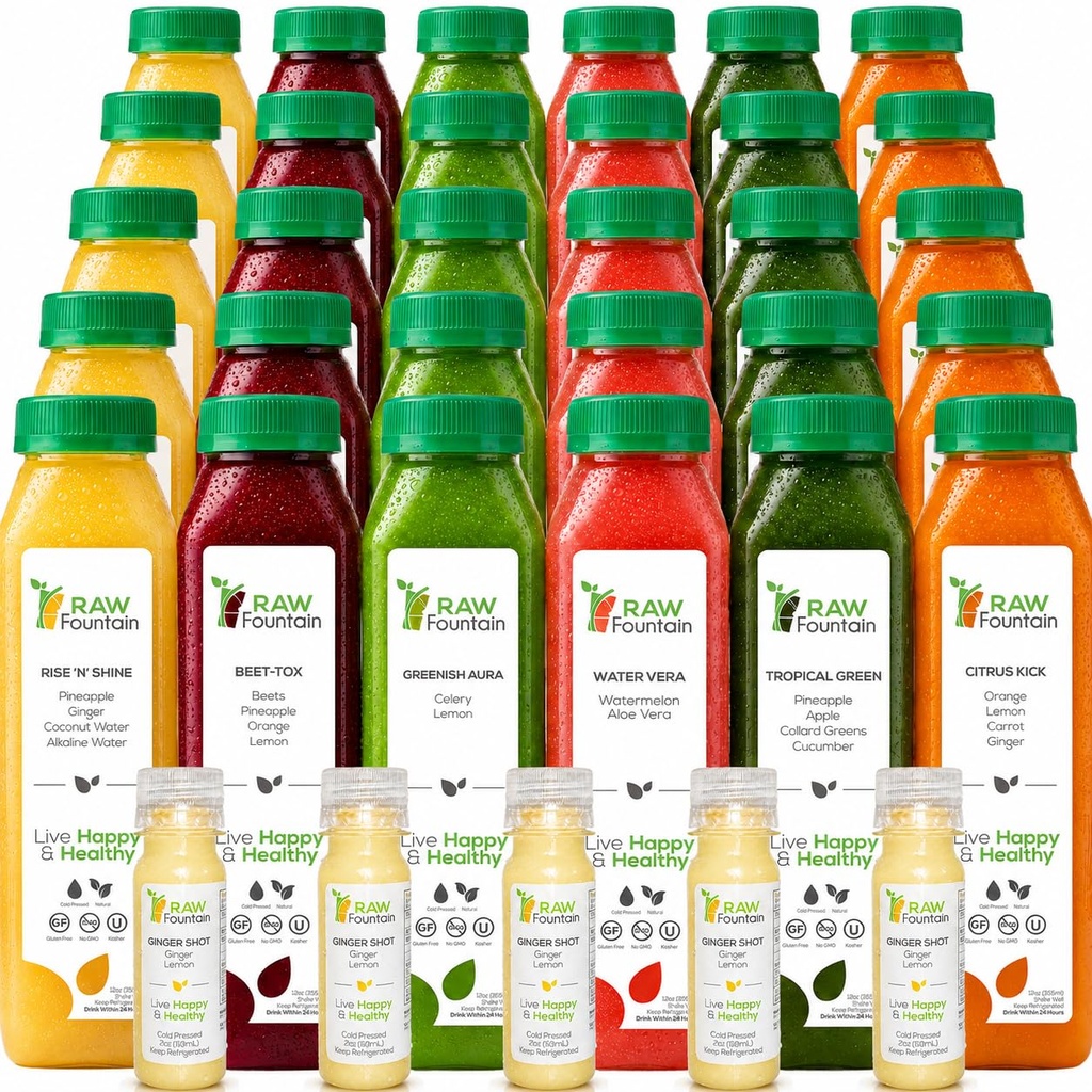 5 dagen sap reiniging door ruwe fontein, tropische smaken, alle natuurlijke rauwe, koude geperste vruchten en groentesap, detox reiniging, 30 flessen 12oz, 5 Bonus Gember Shots