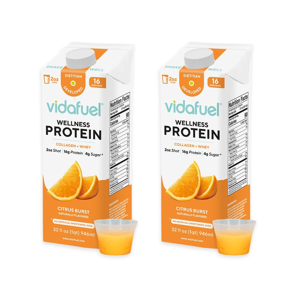 Vidafuel Proteïne Drink, 16g Proteïne per 2oz Shot, 32 fl oz Karton, 2 Pack, Citrus, Collageen en Wei Drink, Geen kunstmatige zoetstoffen