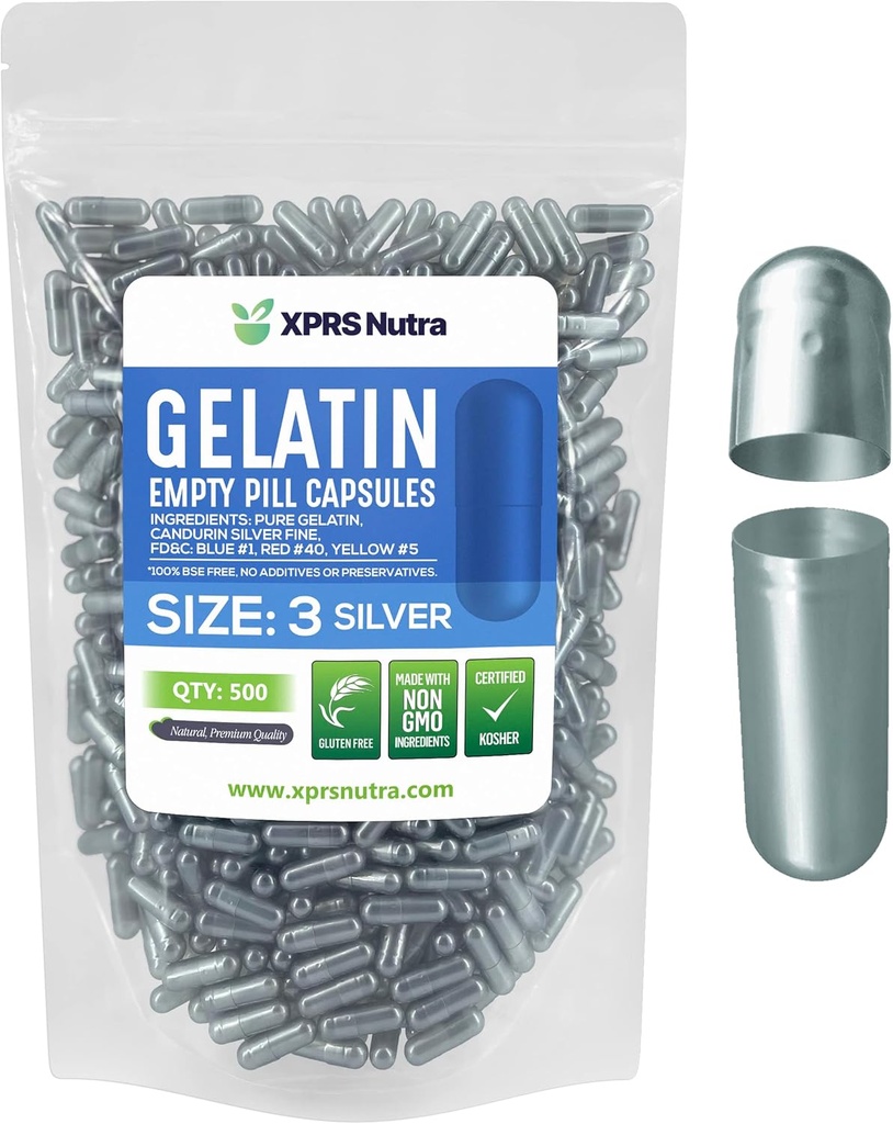 XPRS Nutra Maat 3 Lege capsules - 500 Telle Lege Gelatine Capsules - Pillen DIY Capsule vullen - Pure Bovine Pill Gel Caps Vulbaar voor Do-It-Yourself Vitaminen en Supplementen (Zilver)