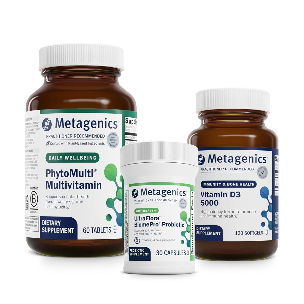 Metagenics PhytoMulti zonder ijzer - 60 tabletten, D3 5000-120 Softgels, en UltraFlora BiomePro - 30 capsules