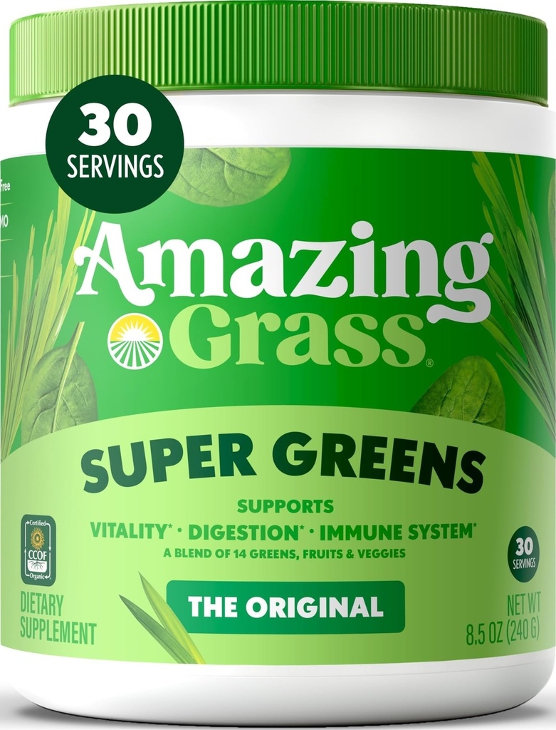 Verbazingwekkend gras Groenen Blend Superfood: Greens Powder Mix voor energie, met Organische Spirulina, Chlorella, Beetwortelpoeder, Digestieve Enzymen & Probiotica, Origineel, 30 Servers (Verpakking mei Vary)