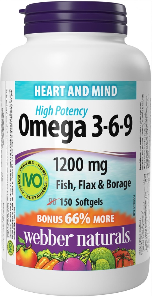 Webber Naturals Omega 3-6-9 Vlaszaad, Vis & Borage Oils 1200 mg, 150 softgels