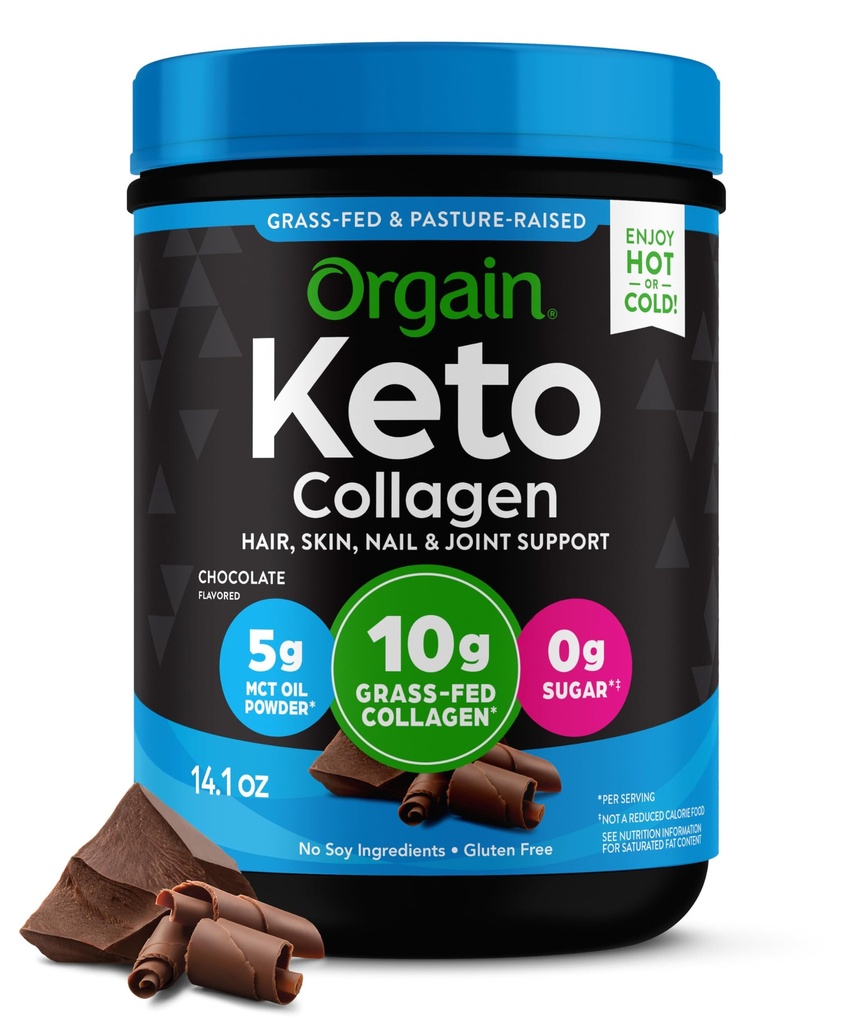 Orgain Keto Collagen Protein Powder, Chocolate - 10g Grass Fed Hydrolyzed Collagen Peptides for Women & Men, Type I & III, 5g MCT Oil - Hair, Skin, Nail, & Joint Support, Non-GMO, Gluten Free - 0.88lb