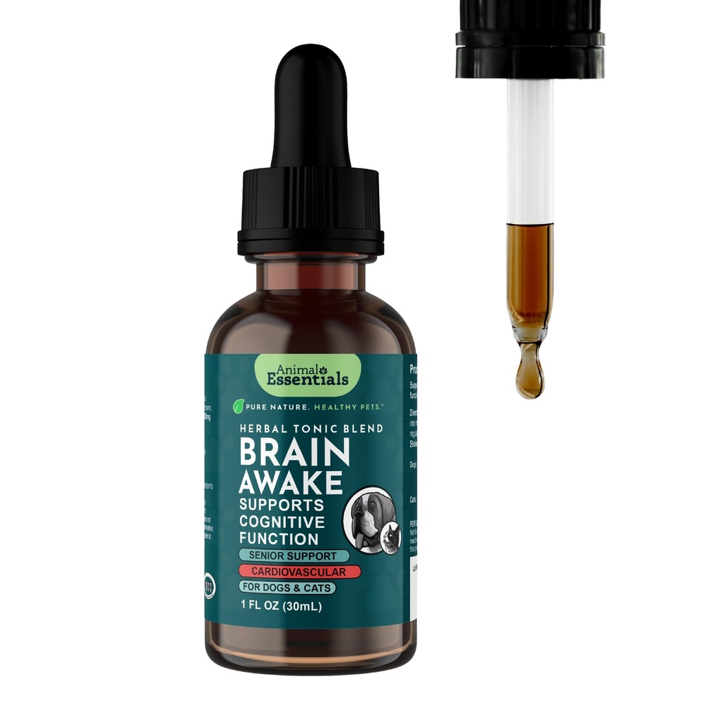 Dieren Essentials Hersenen Ontwaken voor honden & katten - Cognitieve Ondersteuning Supplement, Senior Ondersteuning voor honden, Leeuwen Mane, Hersenfunctie & gezondheid Ondersteuning, Herbal Formule - 1 Fl Oz