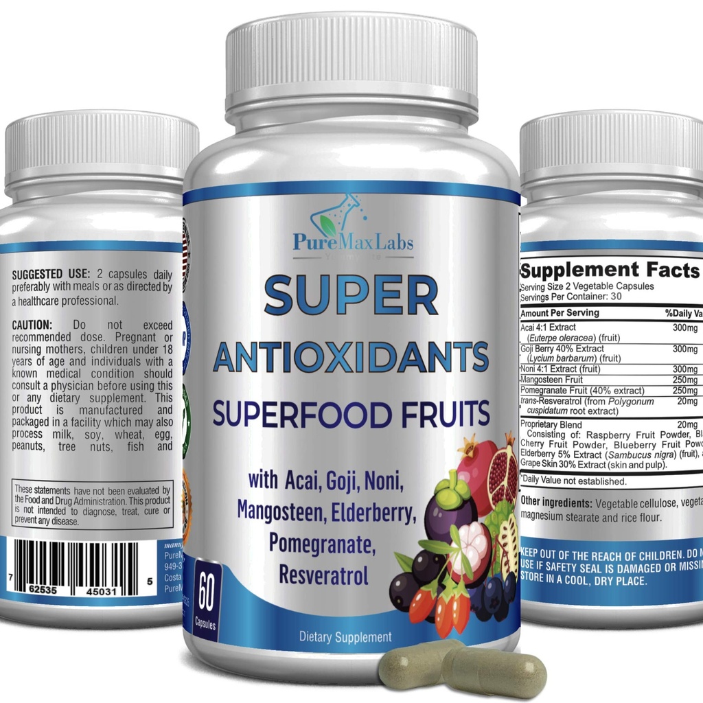 Super Antioxidant Fruit Superfood Complex - Krachtige Antioxidant Superfruit, Acai, Goji, Noni, Mangosteen, Granaatappel, Vlierbes, Resveratrol, Immune Support, Huidverzorging - 60 Capsules