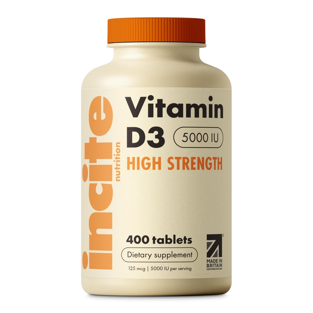 Incite Nutrition Vitamine D 5000 ie - 400 Premium Vitamine D3 Eenvoudig doorslikken Micro tabletten - Hoge sterkte Cholecalciferol VIT D3 5000iu - Vegetarisch supplement - Made in The UK
