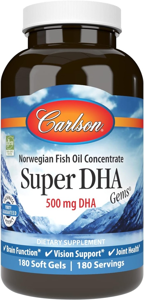 Carlson - Super DHA Gems, 500 mg DHA Supplementen, 640 mg vetzuren, Wild-Caught Norwegian Arctic Omega 3 Fish Oil Supplement, duurzaam gegenereerde Fish Oil Capsules, 180 Softgels