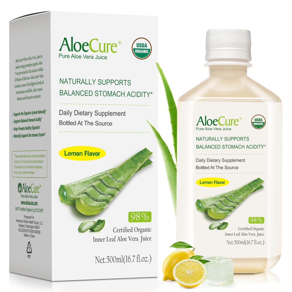 AloëCure USDA Biologische Aloë Vera Juice Lemon Flavor - Made within 12 Hours of Harvest - Natuurlijke spijsverteringssupplement voor evenwichtige maagzuur - Ondersteuning Digestieve en Immune Health - 1 Btl x 16.7oz