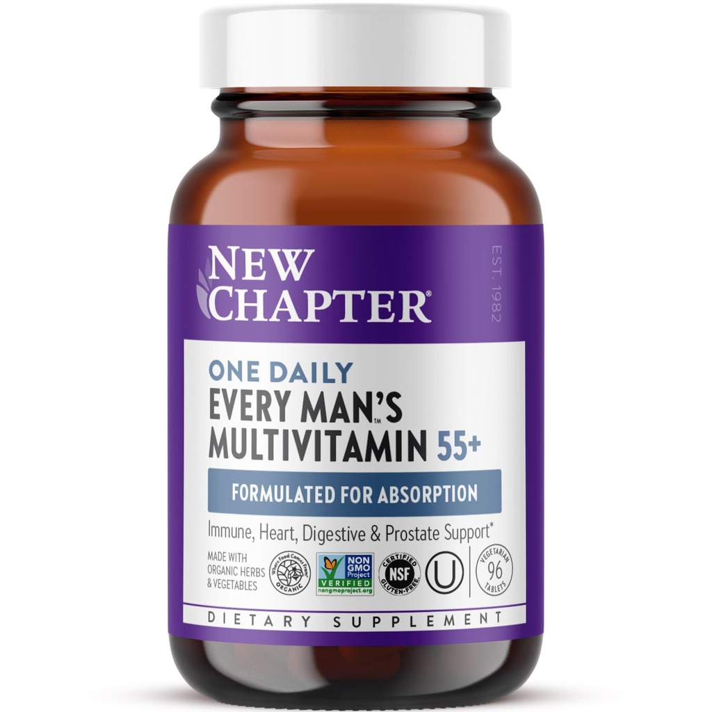 Nieuw Hoofdstuk Mannen Multivitamine 50 Plus voor Hersenen, Hart, Digestief, Prostaat en Immuun Ondersteuning met 20+ Nutriënten + Astaxanthine - Every Man's One Daily 55+, Voorzichtig op de Maag - 96 ct