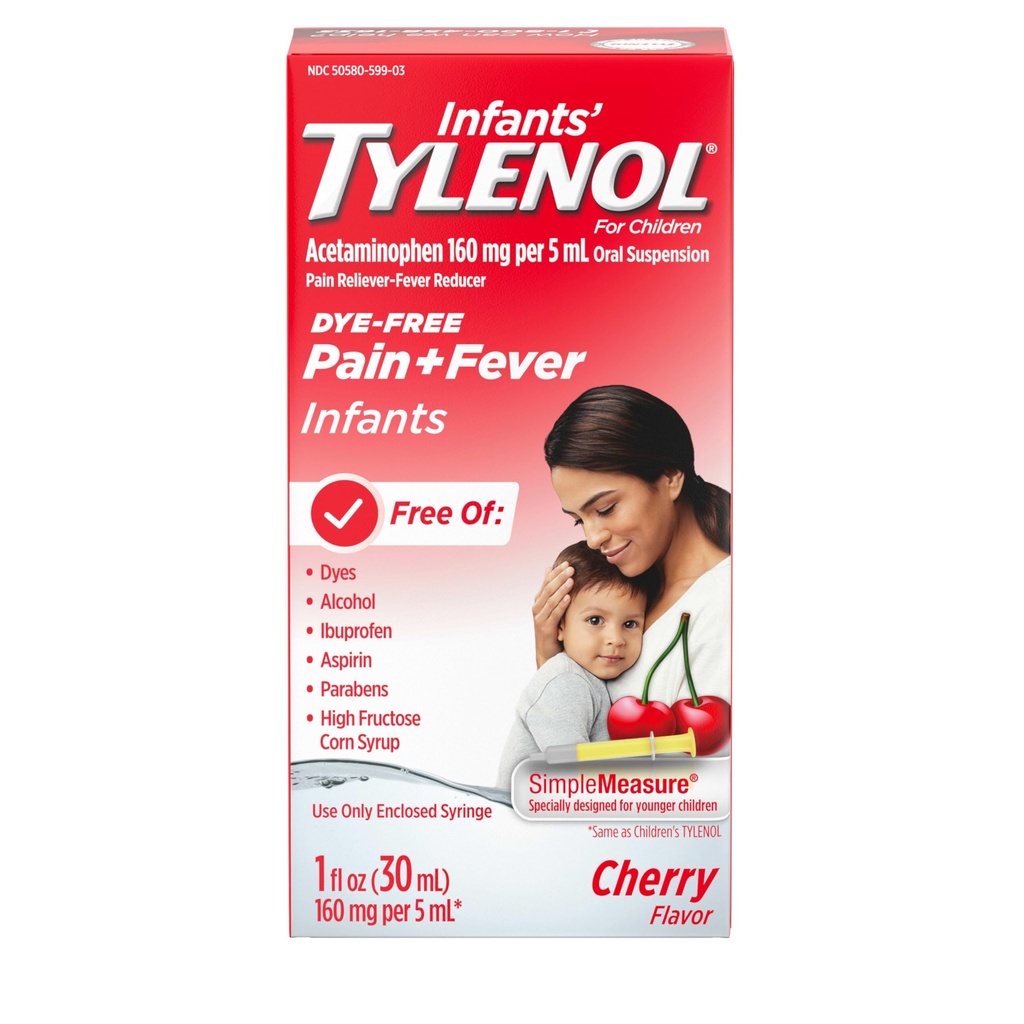 Zuigelingen Tylenol Orale suspensie Liquid Medicine met Acetaminophen, Baby Koortsreducer & Pain Reliever voor lichte pijn & pijnen, pijnlijke keel, hoofdpijn & tandenpijn, Dye-Free Cherry, 1 fl.oz