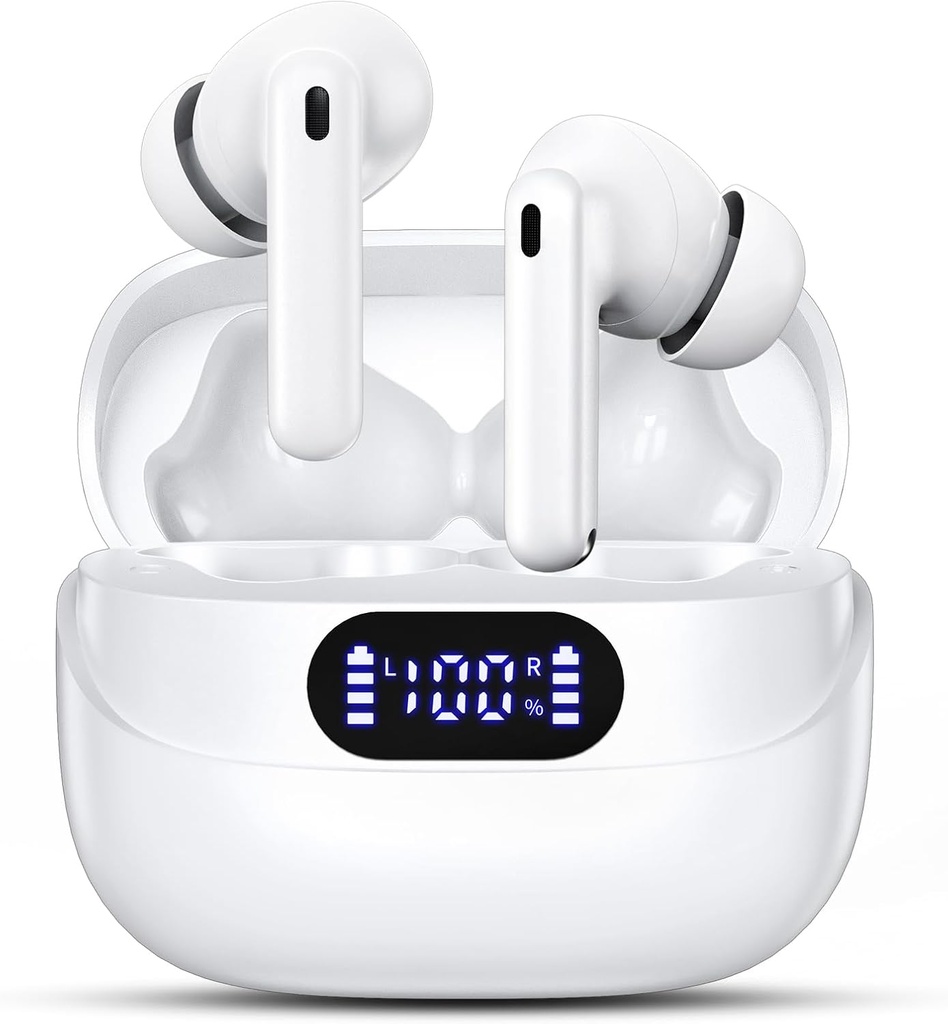 Draadloze oordopjes, 42H Playtime Bluetooth 5,3 Headphones, HiFi Stereo Call Noise Cancelling Oorbuds, IPX7 Waterproof Stereo in-Ear Oortelefoons met LED Display voor iOS Android (Wit)