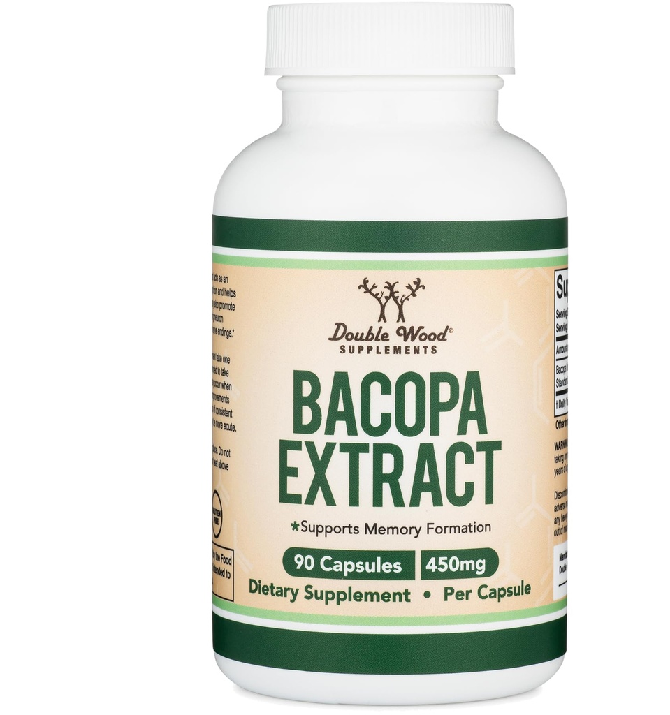 Bacopa Monnieri Capsules 20% Bacosides 450mg, 90 Telling (Non-GMO, Glutenvrij) Brahmi Extract (Geheugensupplement voor hersenen Gezondheid, Focus en Cognitieve Functie) door Dubbel Hout