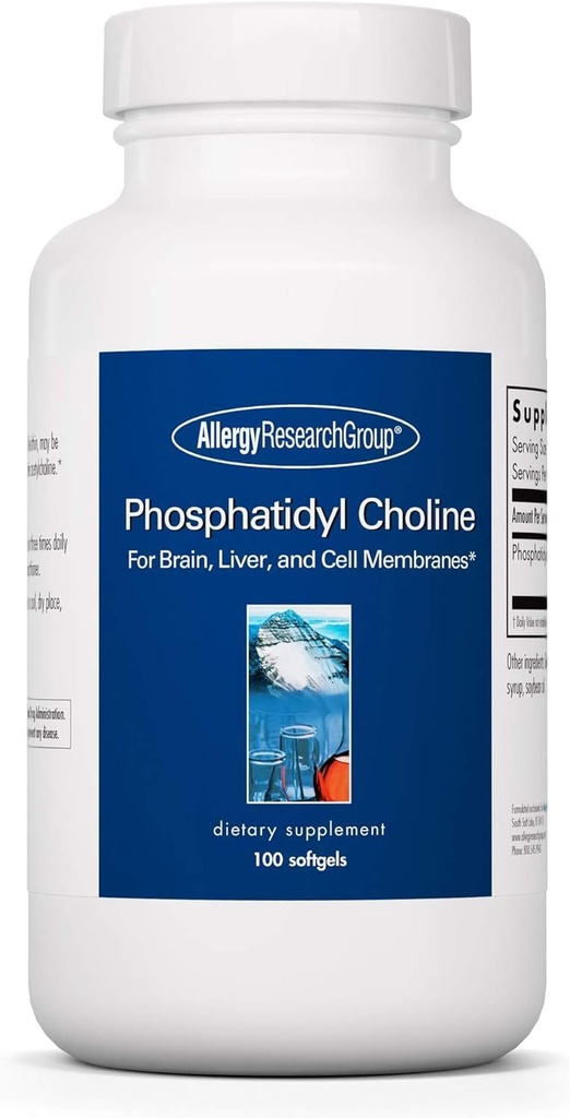 Allergie Onderzoeksgroep Fosfadityl Choline - Fosfaditylcholine Supplementen voor Hersen- en Levergezondheid, Soy Lecithin Extract voor Focus en Geheugen, 385mg Per Capsule - 100 Softgels