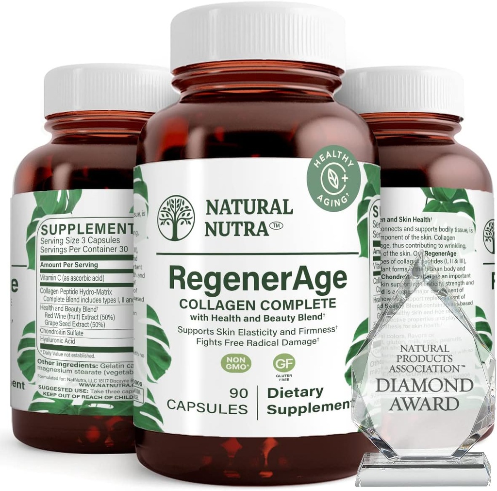 Natural Nutra RegenerAge Complete Supplement voor de gezondheid van de huid met eiwit Peptiden, Verminder Stretch Marks, Bijdragen aan de algehele gezondheid, Vitamine C, Grape Seed Red Wine Extract, Glutenvrij, 90 Capsules.