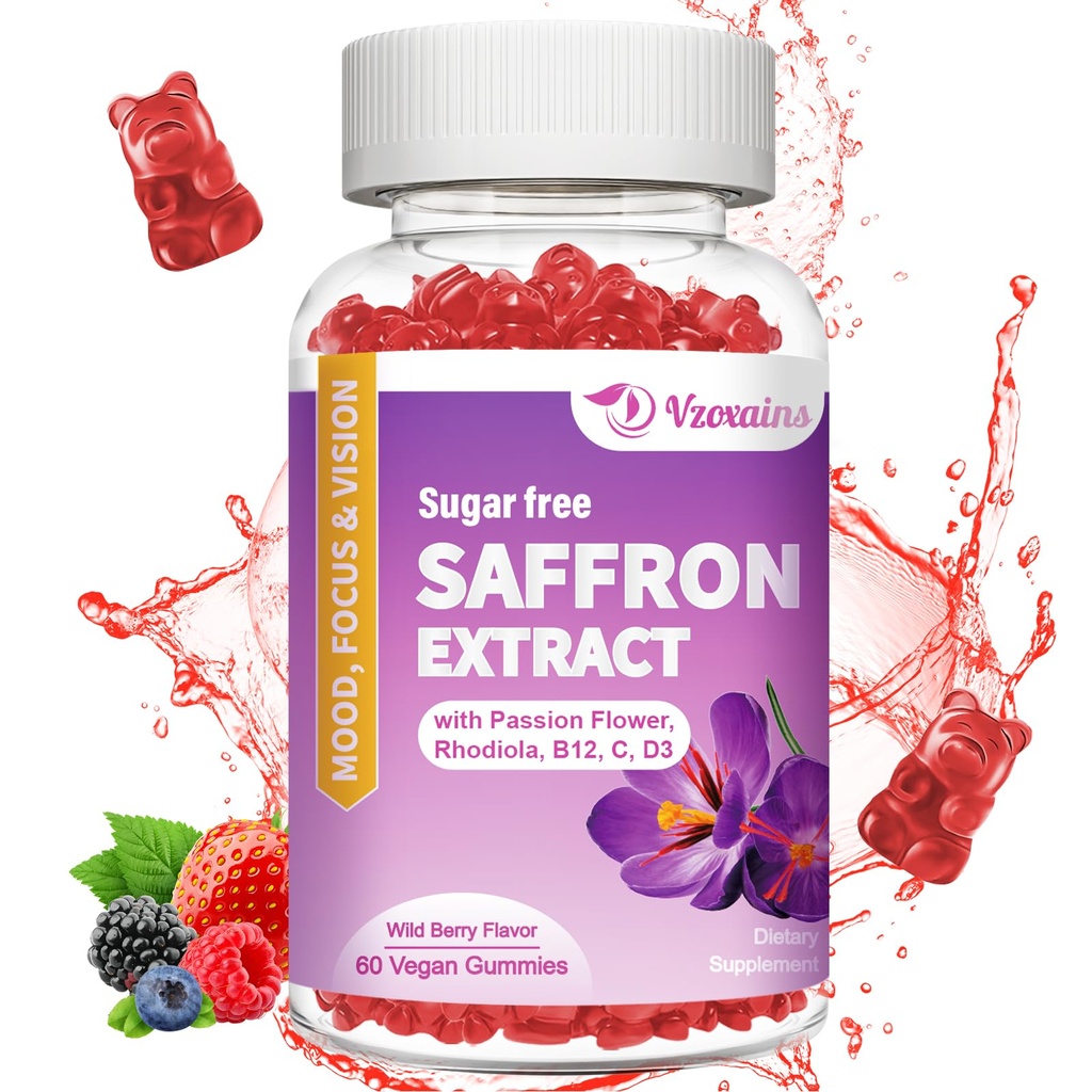 Saffraan Gummies, 10 in 1 Saffron Supplementen Gummies with Magnesium, Ashwagandha & Rhodiola Rosea, Sugar Free Vegan Mixed Berry Flavor - 60Cts