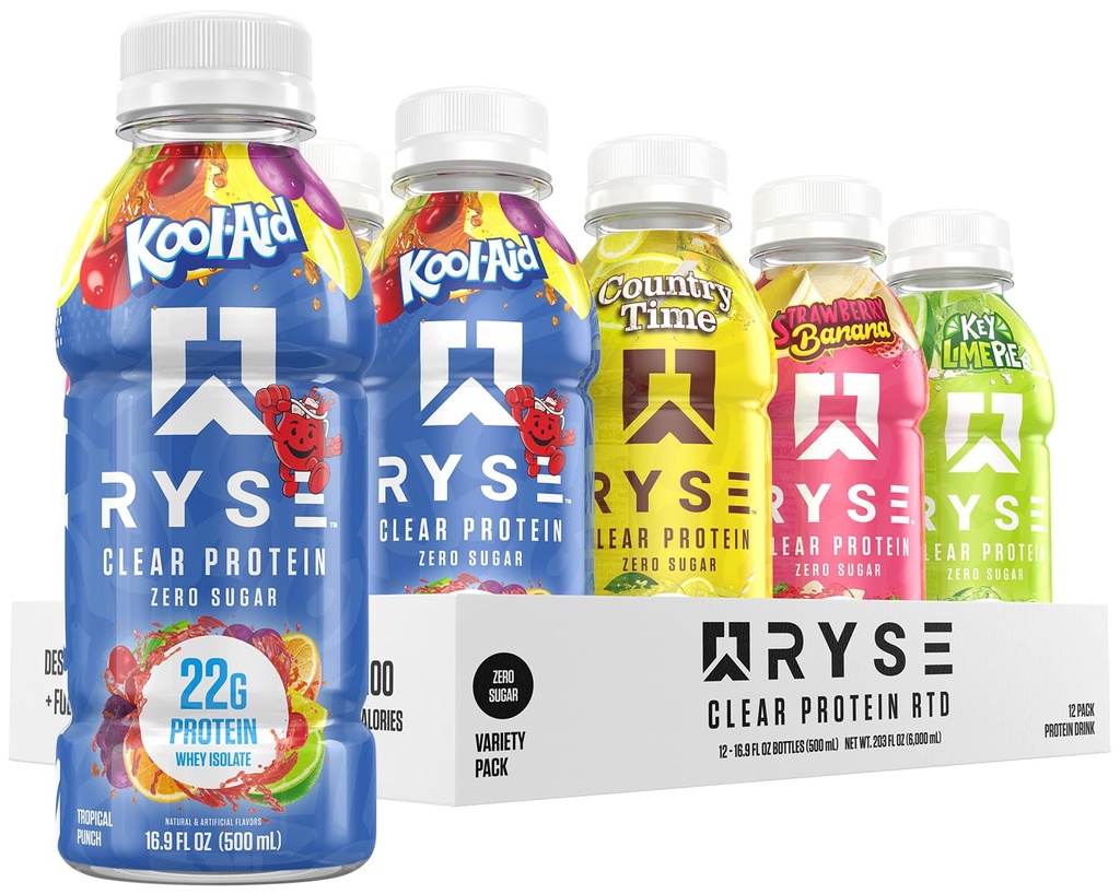 RYSE Clear Protein Drink - Variety Pack - 100 Calorieën, 22g Wei Isolaat Proteïne Shake, Sugar-Free, 0g Vet & Lactose-Free - Verfrissende Ready-to-Drink Drank Drank Drank - 16,9 floz Flessen (12-pack)