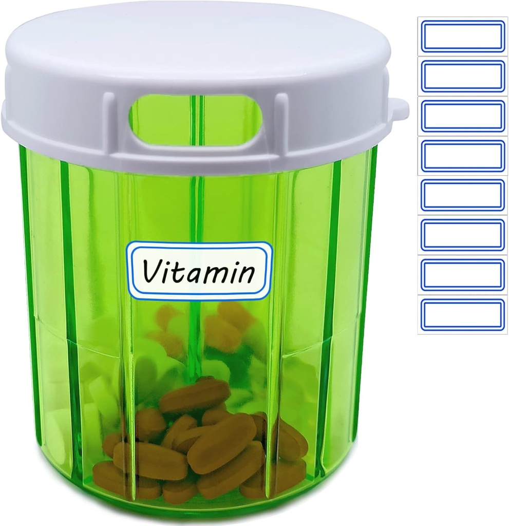 Vitamine Organisator Grote Pillen Dispenser 4 Compartiment Portable Pillen Organisator voor Visolie, Vitamine, Supplementen, Medicatie (Pill Container + Zelfklevende etiketten)