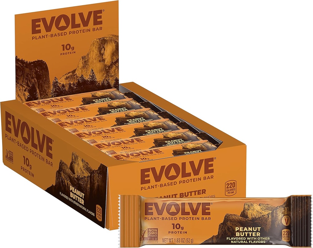 Evolve Plant Based Protein Bar, Peanut Butter, Dairy Free, Geen kunstmatige smaken, Niet-GMO, Verpakking mei Vary, 10 g,12 Tellen (Pack of 1)