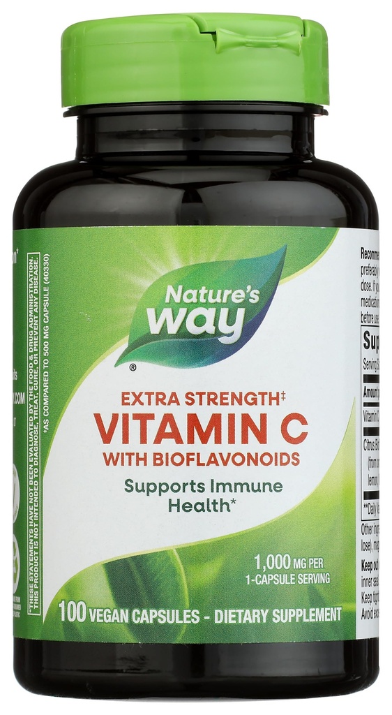 Nature's Way Extra Strength(1) Vitamine C met Bioflavonoïden, Ondersteunt Immune Health*, Promoot Collageen productie voor gezonde huid*, 1000 mg per capsule, 100 Vegan Capsules (Verpakking mei Vary)