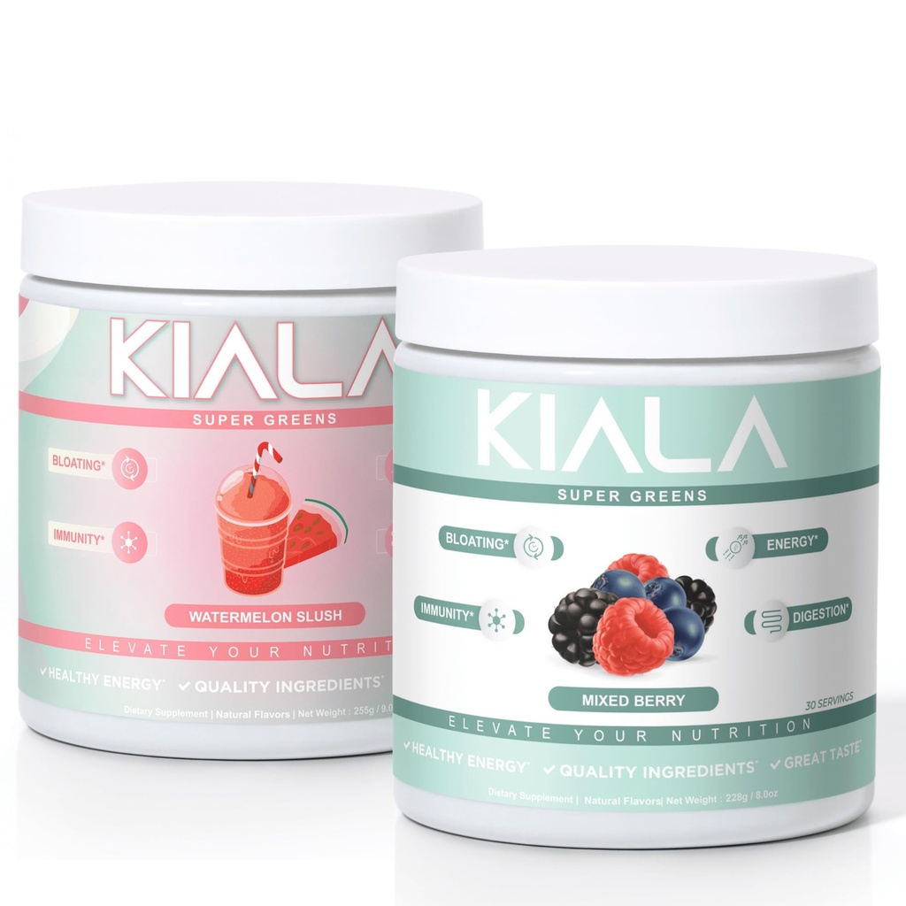 Kiala Nutrition Super Greens, Organic Greens Powder, Spirulina & Chlorella Superfood Powder, Sugar & Gluten Free Vegan, Spectra Blend, Watermeloen & Mixed Berry 2 Pack
