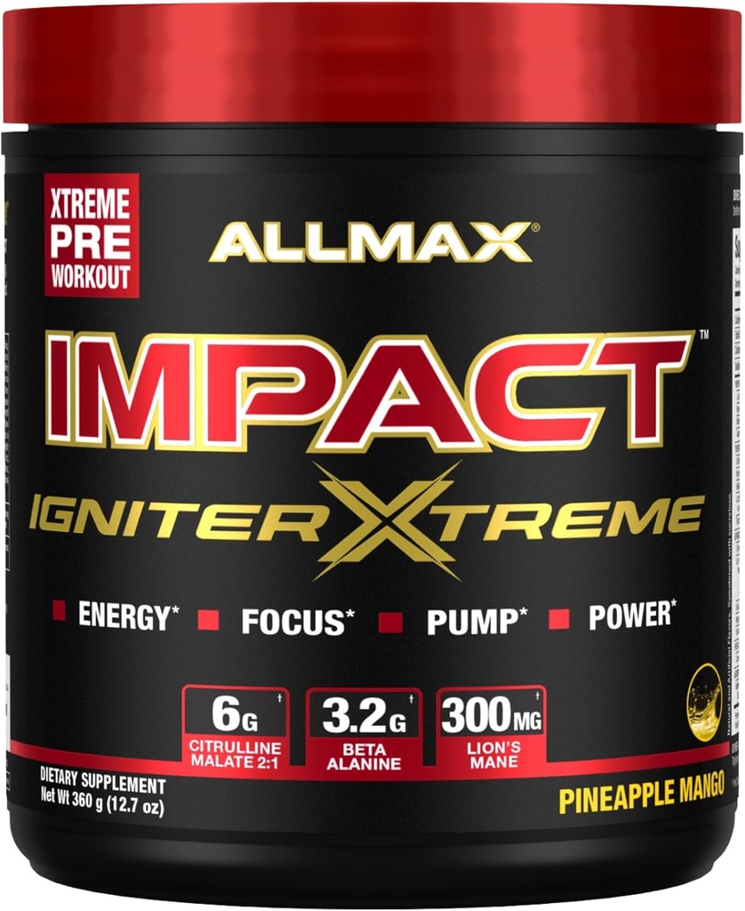 ALLMAX Nutrition - Impact Igniter Extreme Pre Workout Powder - with Citrulline Malate, Beta - Alanine, Caffeine, Taurine, and, Betaine anhydrous (Pineapple Mango)