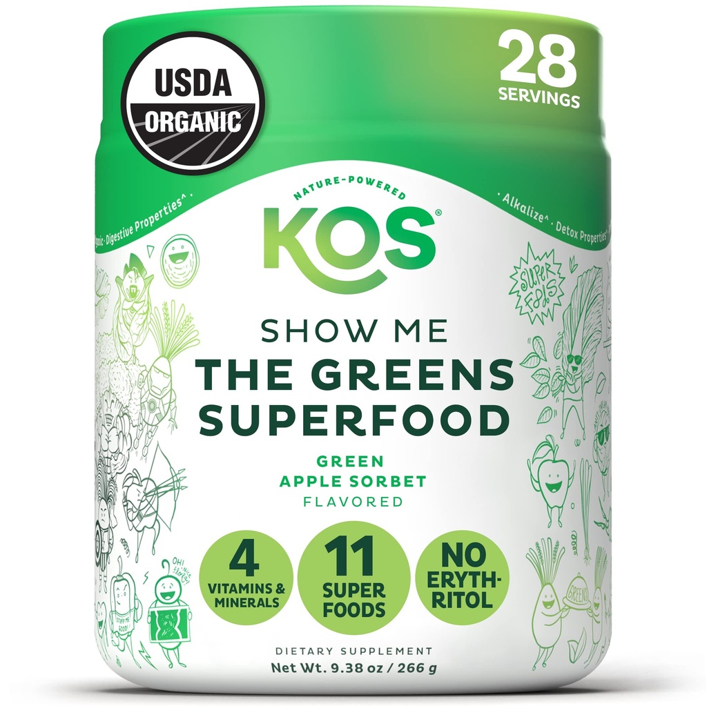 KOS Organic Super Greens Powder Erytritol Free - Plant Based Superfood Blend with Spirulina, Chlorella & Wheatgrass - USDA Certified Organic, Green Juice Smoothie - Apple Flavor - 28 Servings