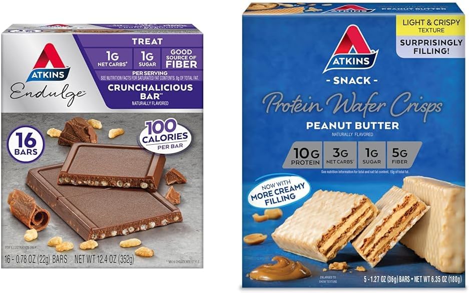 Atkins Endulge Crunchalicious Chocolate Bar, Peanut Butter Protein Wafer Crisp Bundle, 16 Telling, 5 Tellen