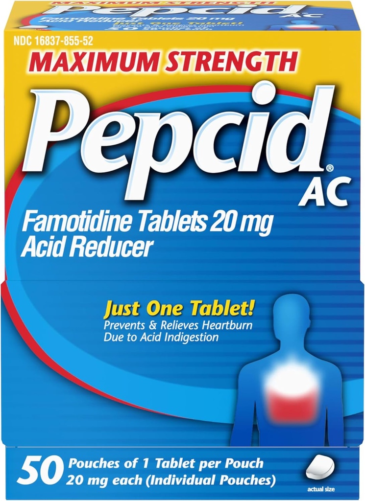 Pepcid AC Maximum Strength Heartburn Relief Tablets, OTC Medicine Prevents & Relieves Heartburn & Acid Reflux Due to Acid Indigestion, 20mg Famotidine Acid Reducer, Fast-Acting, 1 x 50 ct
