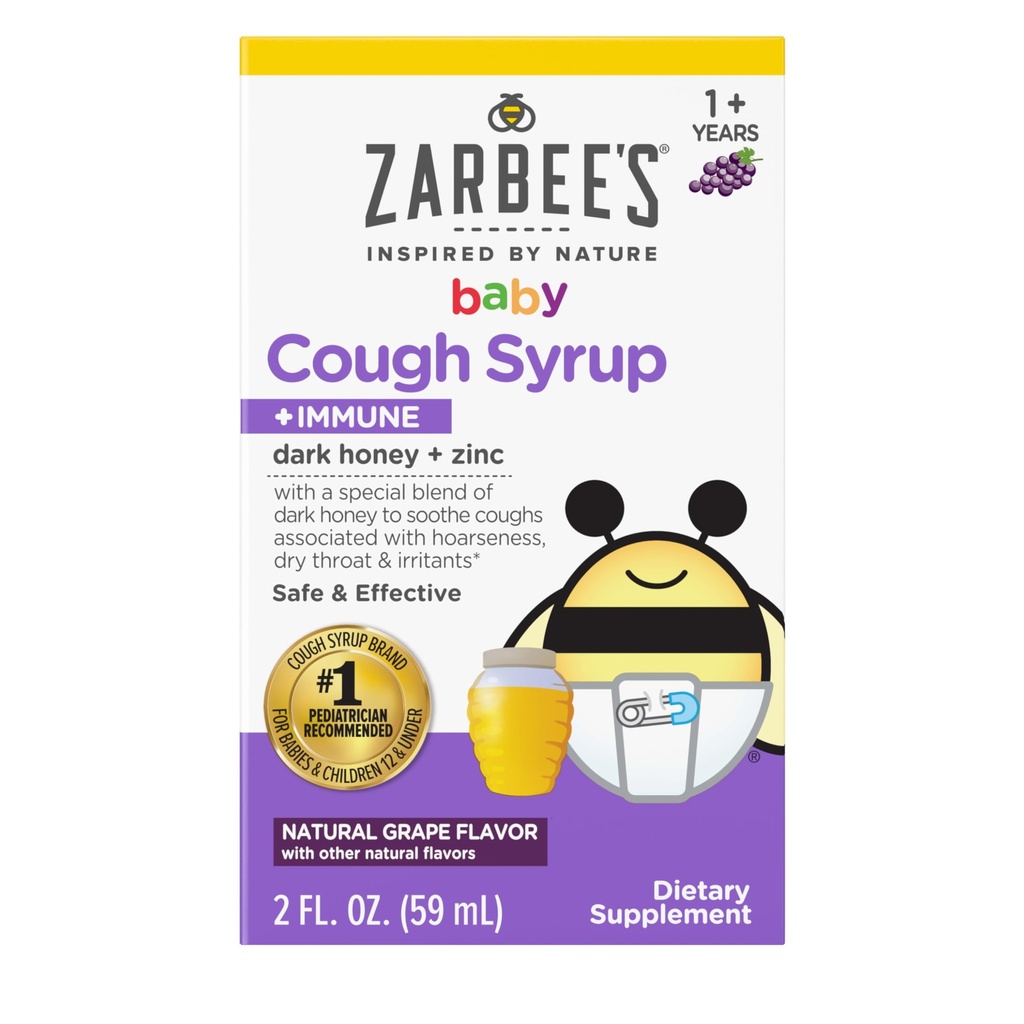 Zarbee's babyhoninghoest Siroop + Immune voor baby's 12-24 maanden, veilige en effectieve hoest Siroop met verzachtende donkere honing en zink voor Immuun Ondersteuning*, Drug & alcoholvrije, druiven, 2 fl. Oz