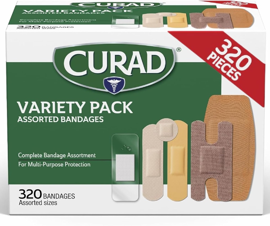 CURAD Assorted Bandages Bulk Variety Pack 320 Tel 5 Styles Inclusief Waterproof, Sheer, Plastic, Heavy Duty & Flex-Fabric First Aid Kit Essentials Beschermt Scrapes, Cuts & Burns