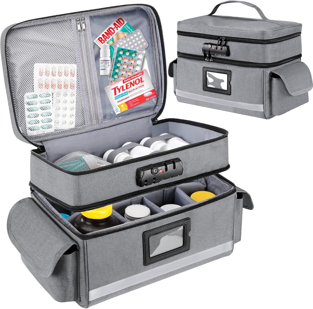 Zannaki Medicine Storage Bag with Combination Lock, Double Layers Pill Bottle Organizer Bag Empty, Medication Locking Box with Zippers for Prescription, Vitamins, Supplements or Medical Supplies, Grey