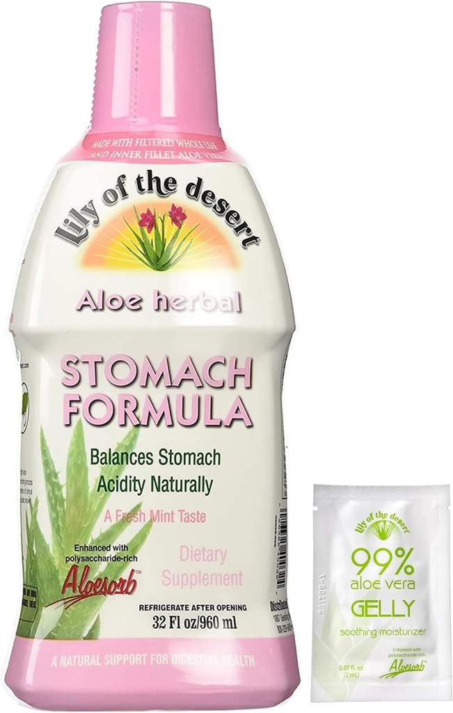 Lily of The Desert Mtomach Formula, Organic Aloë Vera Juice met Slippery Elm, Kamille, Peppermint en Ginger for Gut Health, Acid Reflux, Heartburn Relief, 32 Oz, Gelly Sachet Inbegrepen.