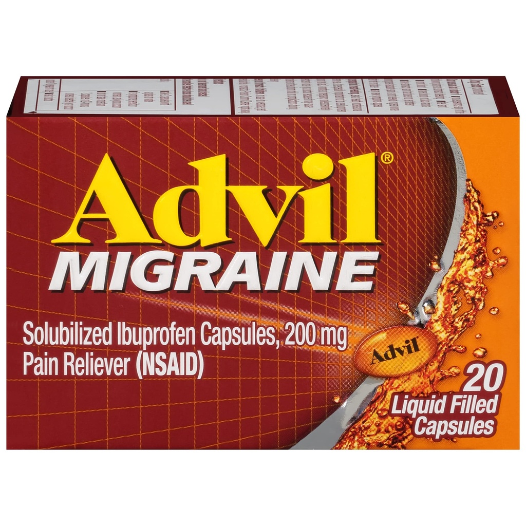 Advil Migraine Hoofdpijn Relief, Ibuprofen Capsules met Ibuprofen 200 mg voor Migraine Relief, Misselijkheid Relief en Lichte gevoeligheid Relief - 20 Liquid Filled Capsules