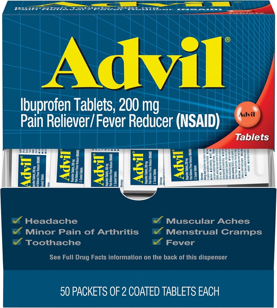 Advil Ibuprofen, 200 mg, 50 verpakkingen met 2 gecoate tabletten (verpakking van 5)