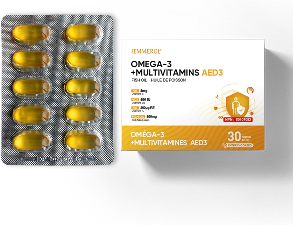Multivitaminen met Omega-3, Multivitamine voor vrouwen en mannen, Enteric Coated Fish Oil DHA/EPA met Vitamine A, Vitamine E en Vitamine D3 voor Immune Functie Ondersteuning (1 Box 30 Softgels)